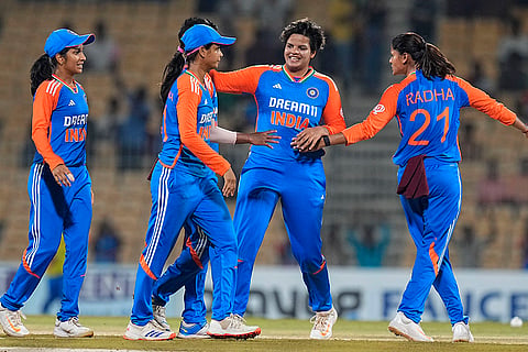 Pooja Vastrakar celebrates after taking the wicket of Marizanne Kapp